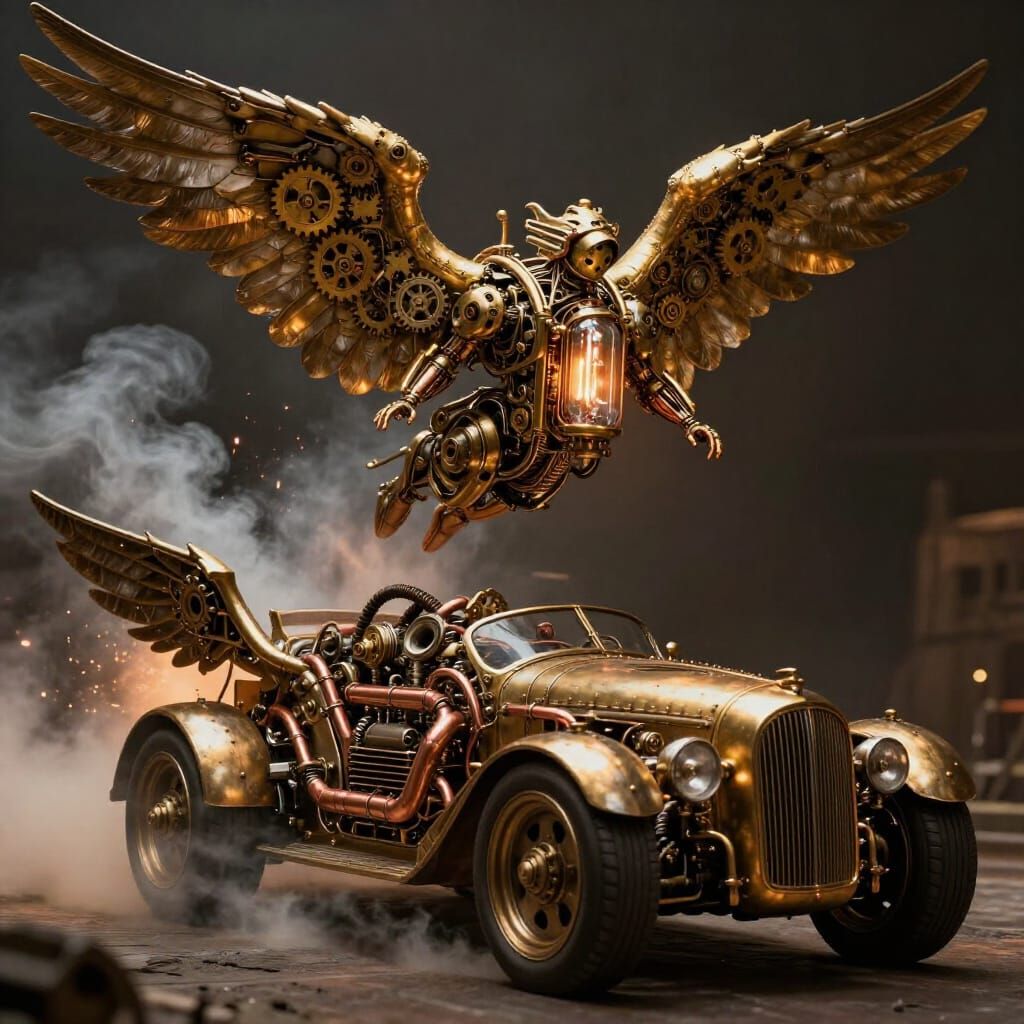 Steampunk Angel with Steam-Powered Car to Afterlife