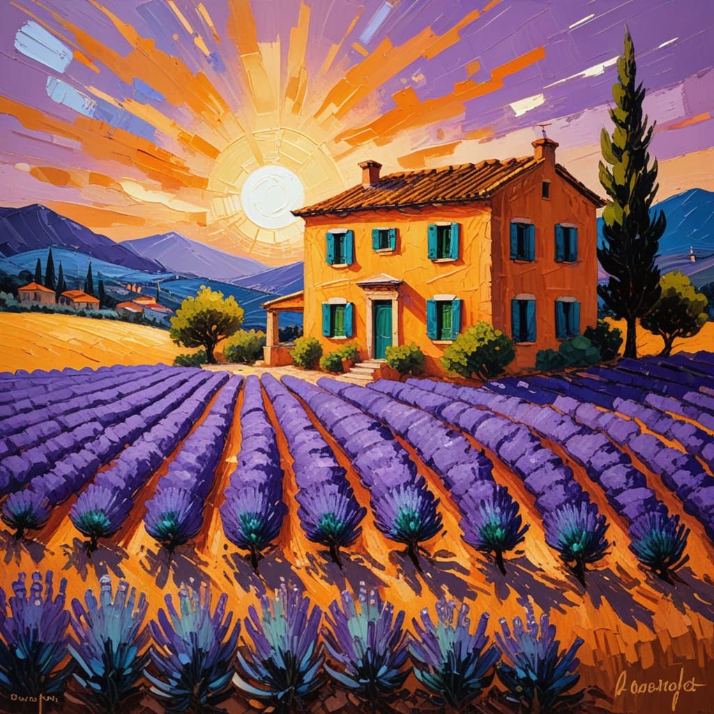 Provençal Villa in Lavender Field: Impasto Painting