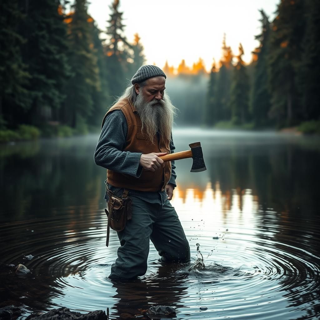 Grizzled Woodsman by Misty River in Golden Light