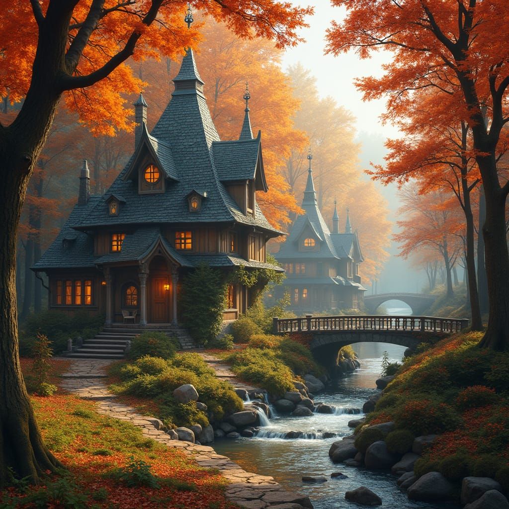 Elven Village in Autumn Maple Forest