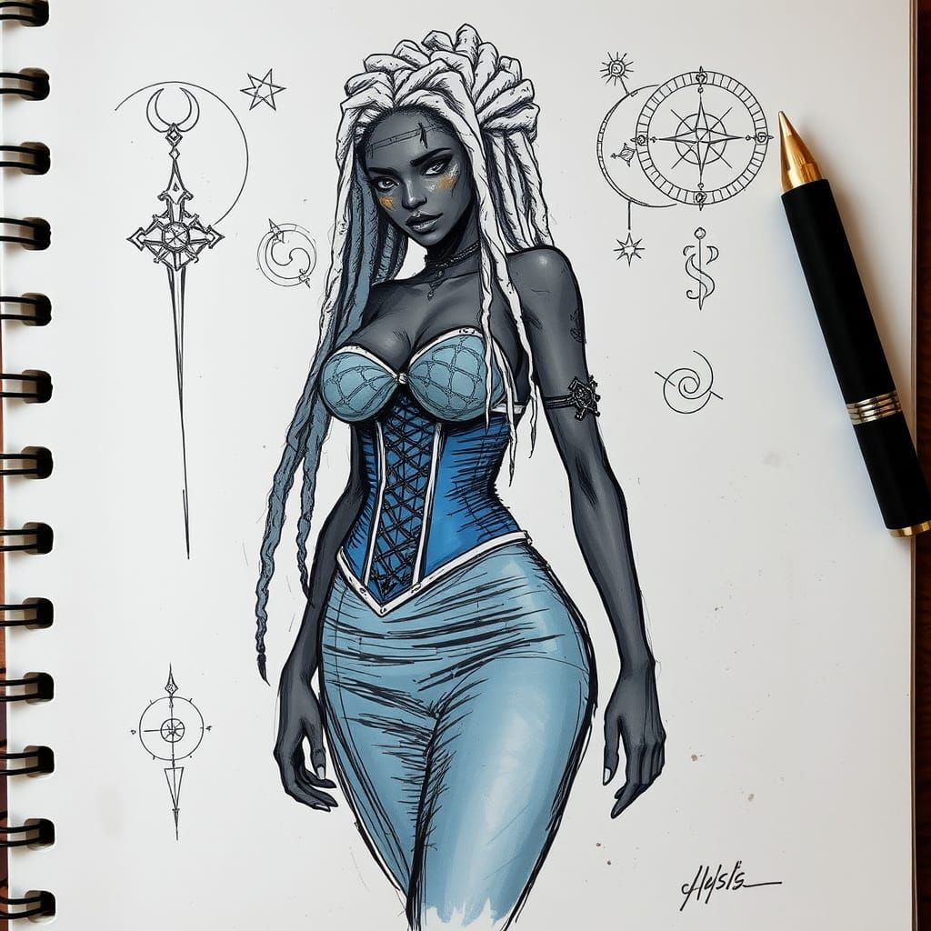 Dark Theme Character Sheet of a Woman in Blue