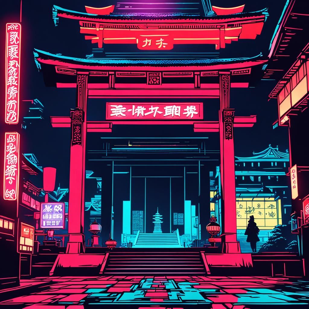 Cyberpunk Japanese Temple in Neon Light