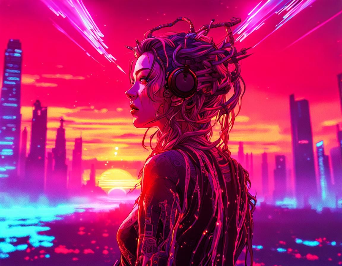 Glitchy Android Meltdown: A Vaporwave Sci-Fi Dream