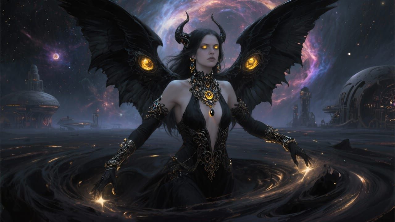 Female Daemon with Obsidian Wings in Cosmic Landscape