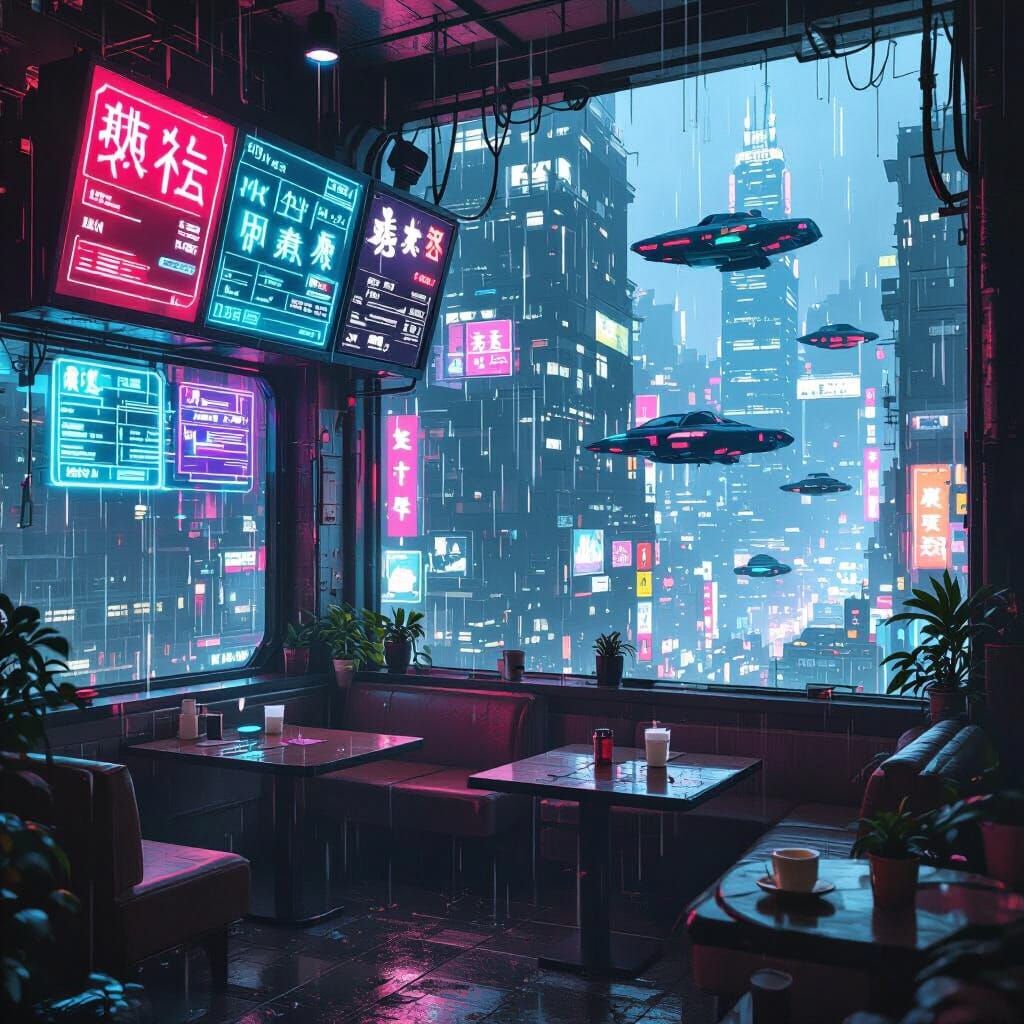 Lofi Cyberpunk Cafe in Neon-Drenched City