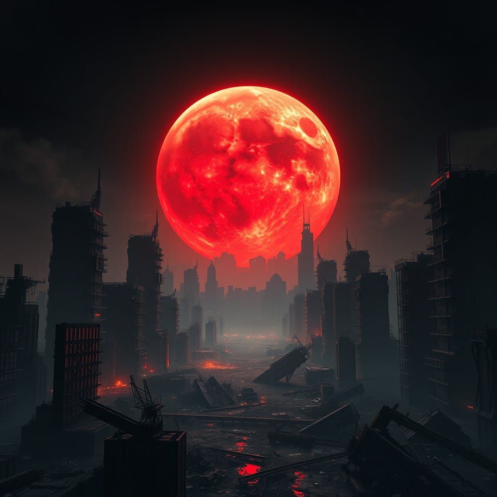 Ominous Blood Moon Rises Over Post-Apocalyptic Cityscape in ...
