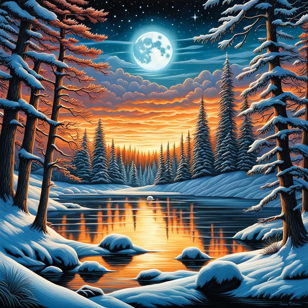Winter Lake Scene with Snowmen in Colored Pencil