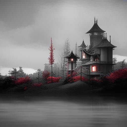 Gothic Japanese Fantasy Landscape in Retro Noir Style