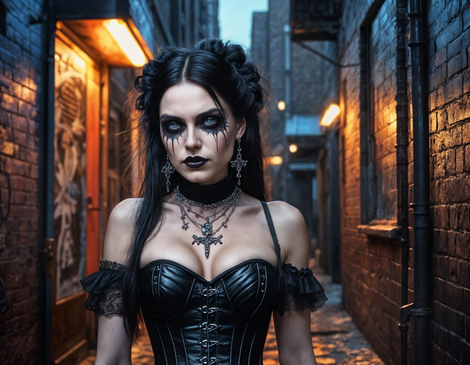 Victorian Gothic Woman in Neon-Lit Alleyway