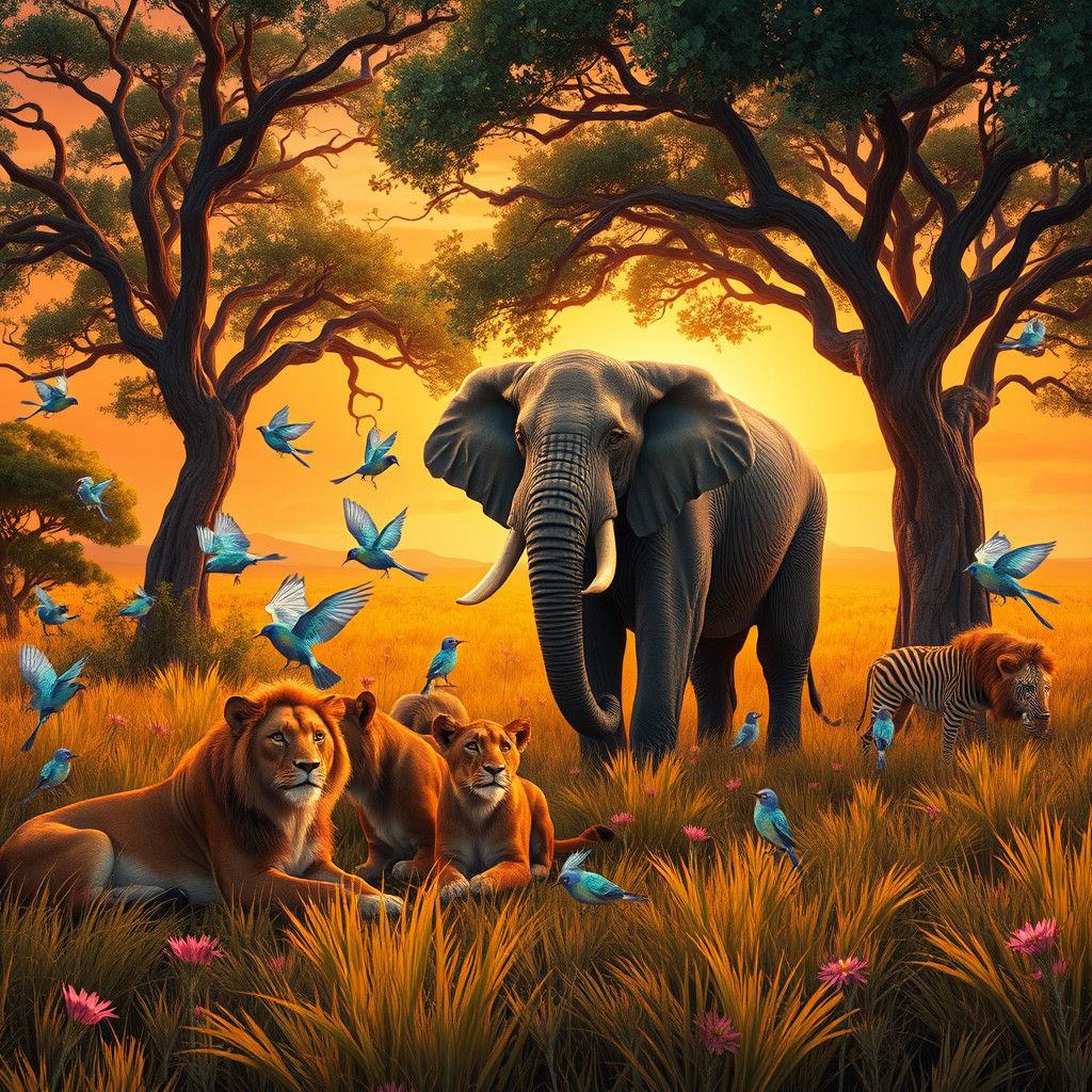 Whimsical African Wildlife Gathering at Dusk