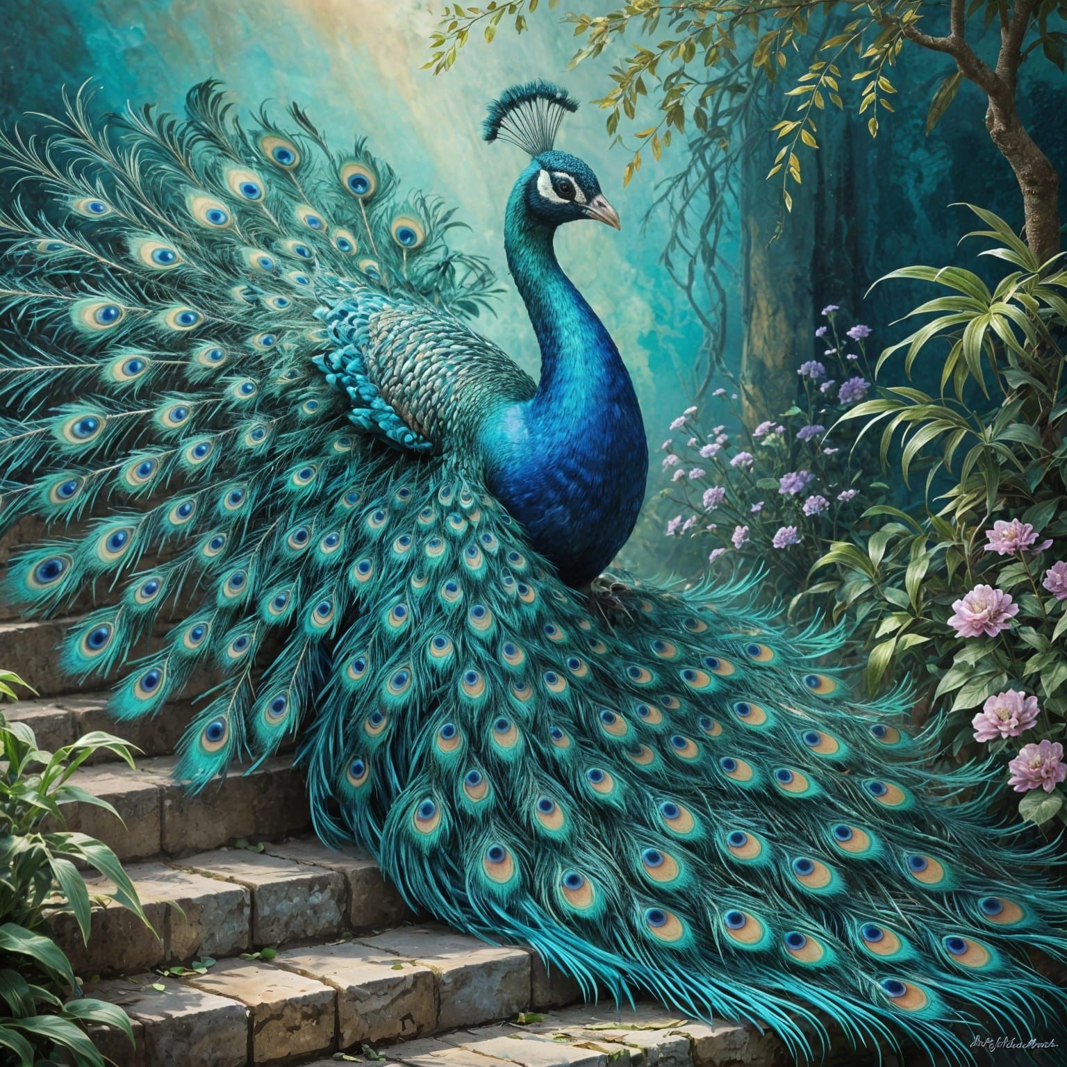 A magnificent peacock standing tall and regal at the top of small steps with its tail feathers flowing down the steps li...