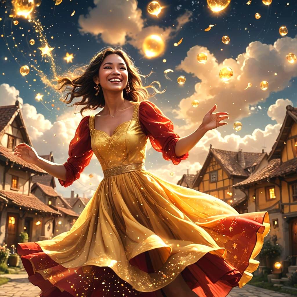 Girl Dancing on Stars with Moon and Bubbles