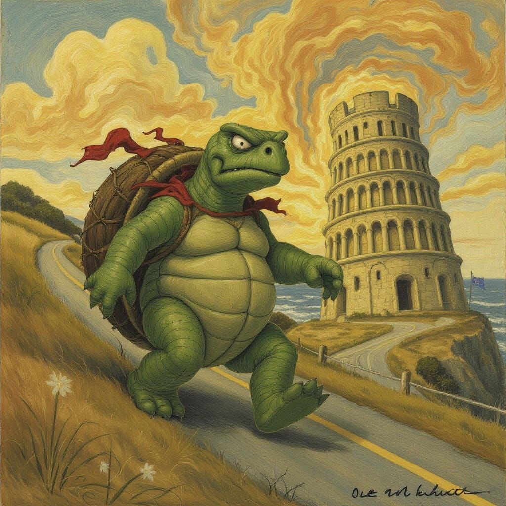 Giant Tortoise and Tower of Babel, Whimsical Art
