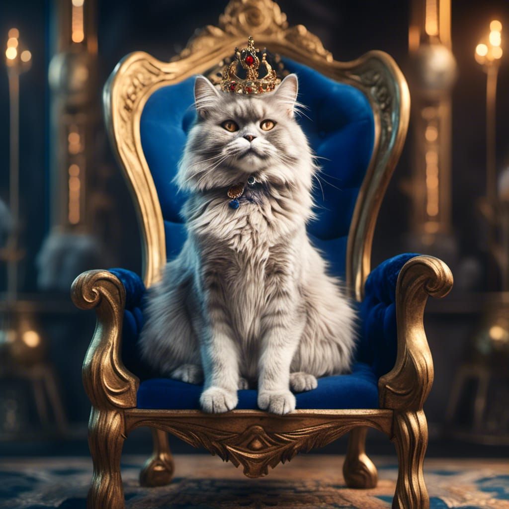 Fluffy Cat King on Throne: Detailed Fantasy Art