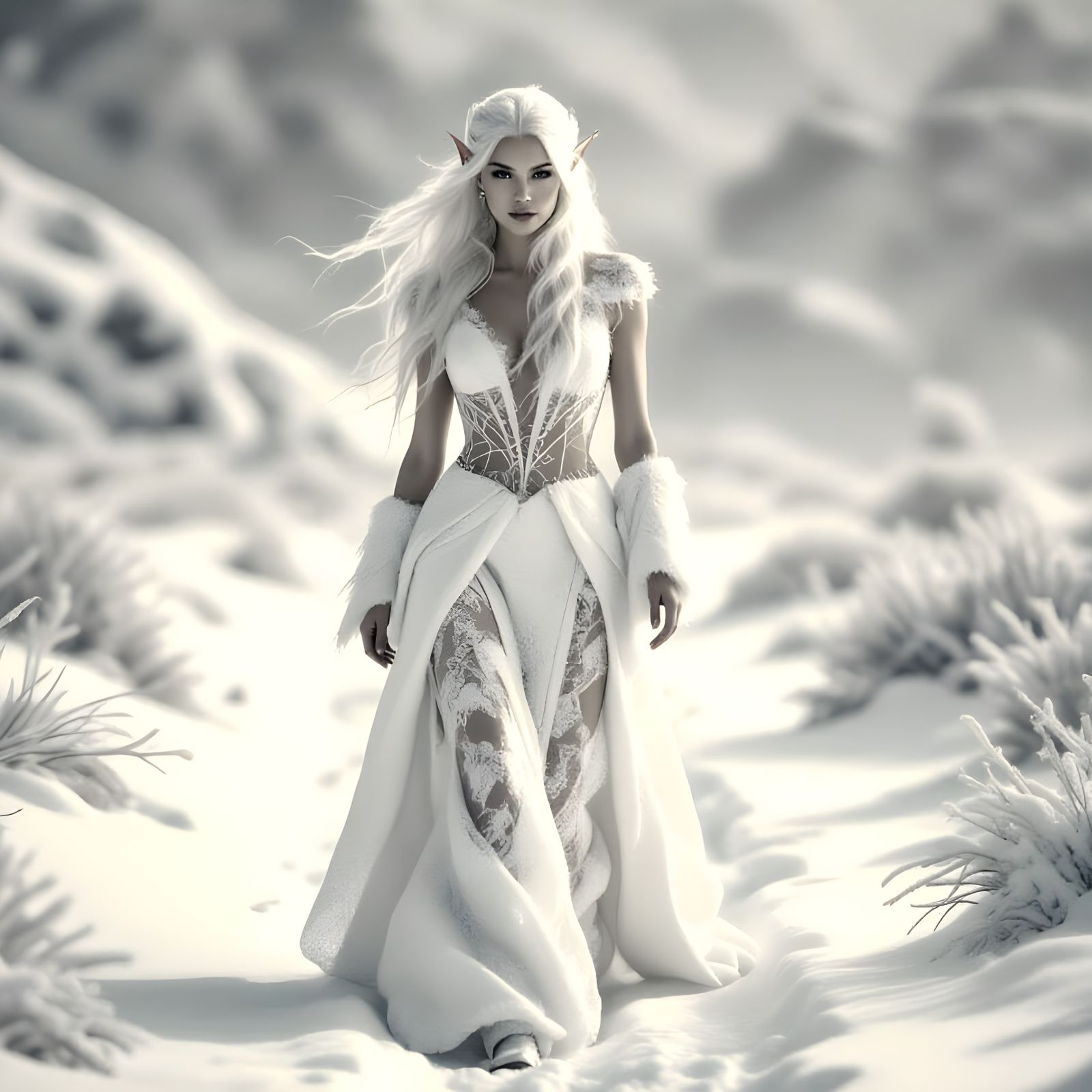 Elf Woman in Snow Dress Walking Through Winter Mist