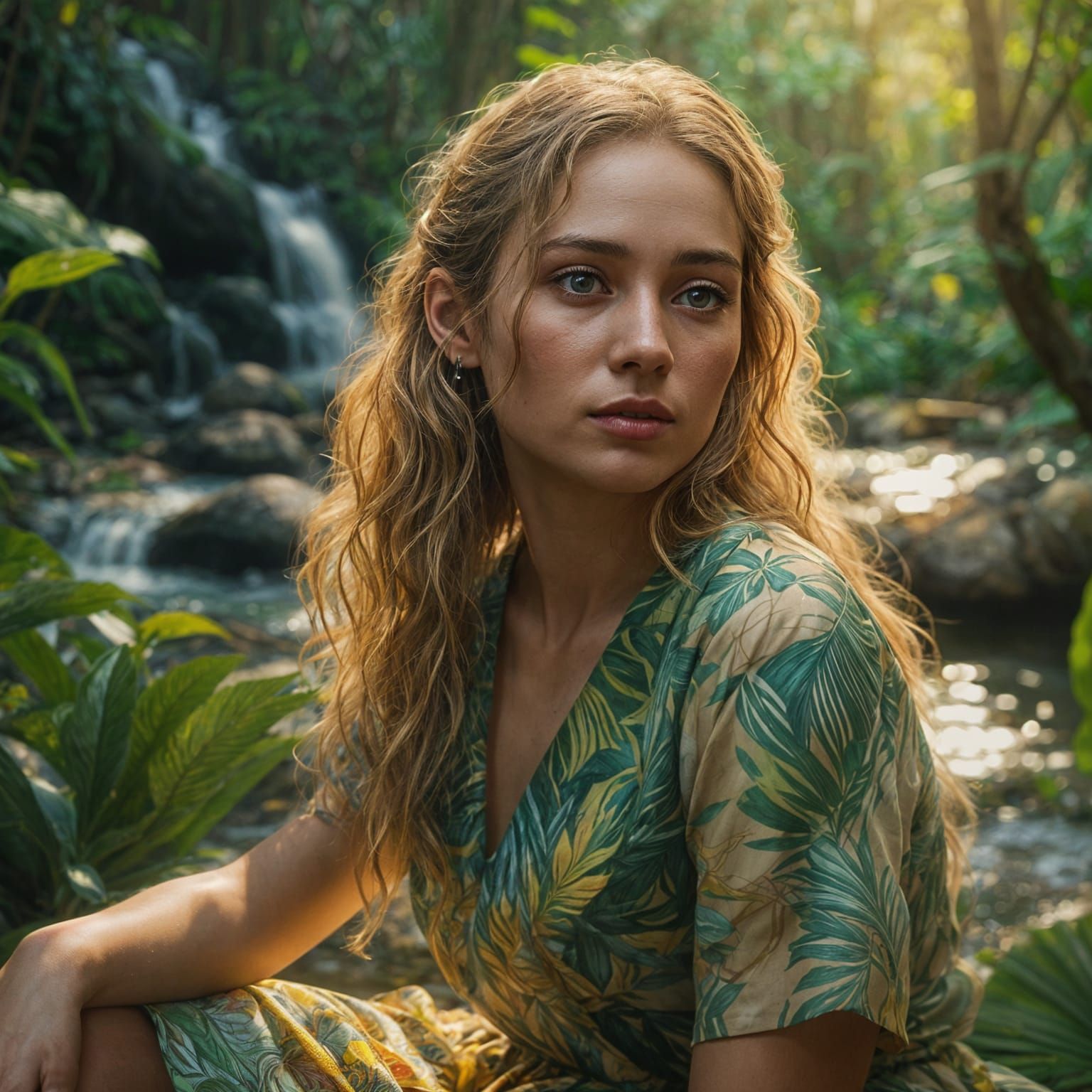 Hyperrealistic Woman in Lush Jungle Setting