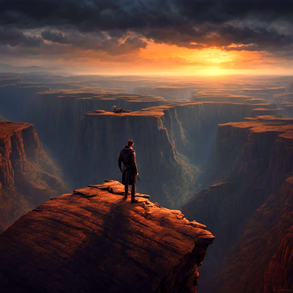 Dramatic Dark Fantasy Cliffside Figure in Volumetric Lightin...