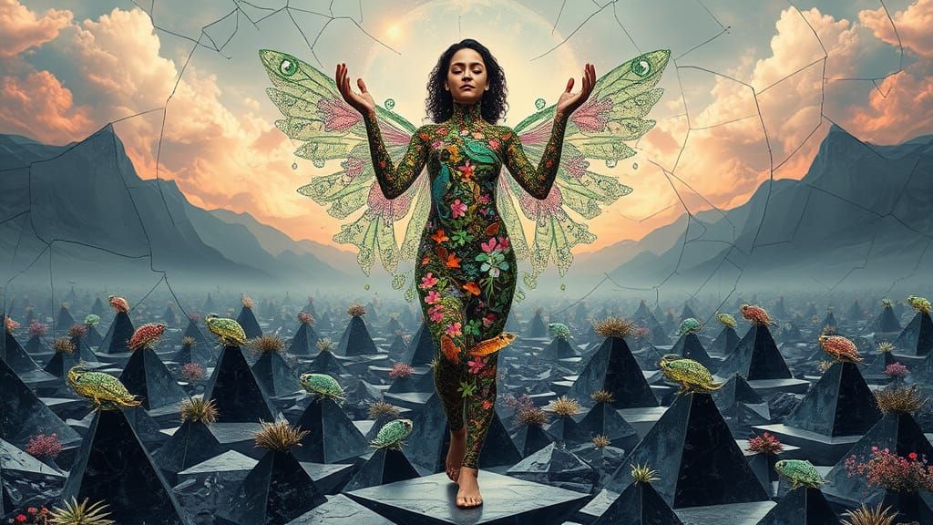 Surreal Bio-Art Goddess with Glowing Ecosystems and Shattere...