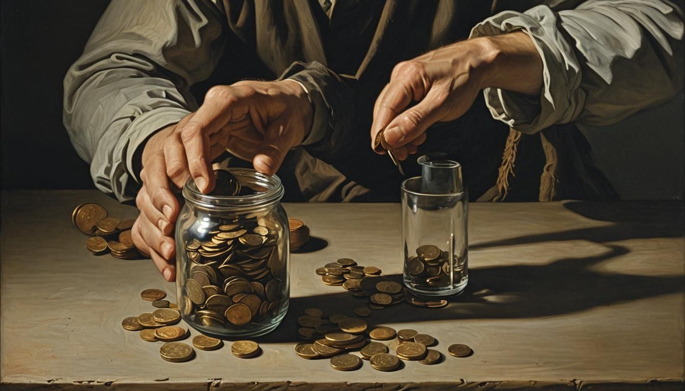 Stoic Financial Prudence: Coins in Shadow, Digital Art