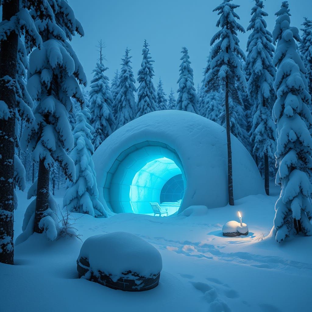 Inuit Hut Amidst Snowy Boreal Forest in Dreamlike Style