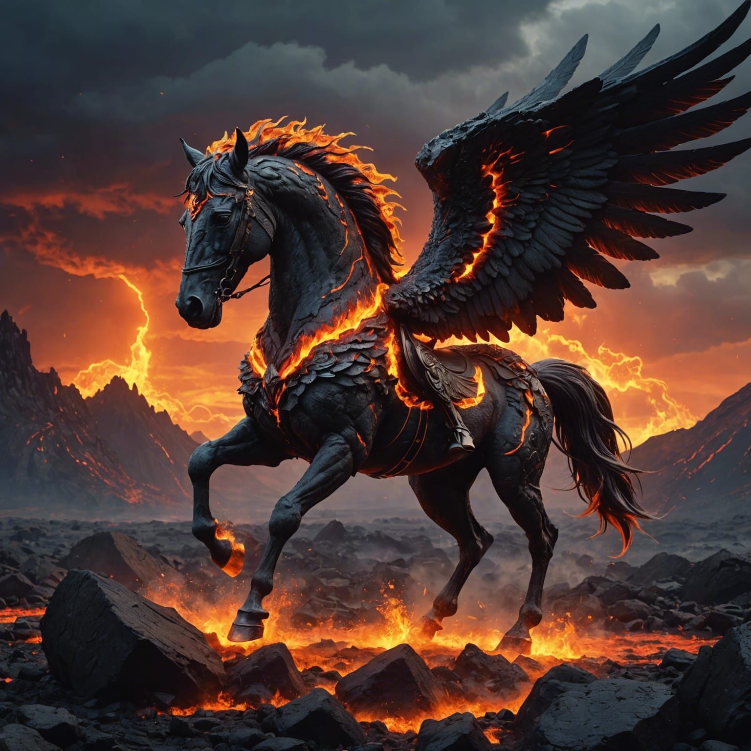 Fiery Lava Horse with Wings: Digital Art