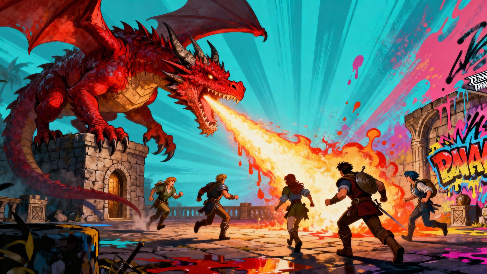 Ferocious Red Dragon Attacks Adventurers in Anime Dungeon Sc...