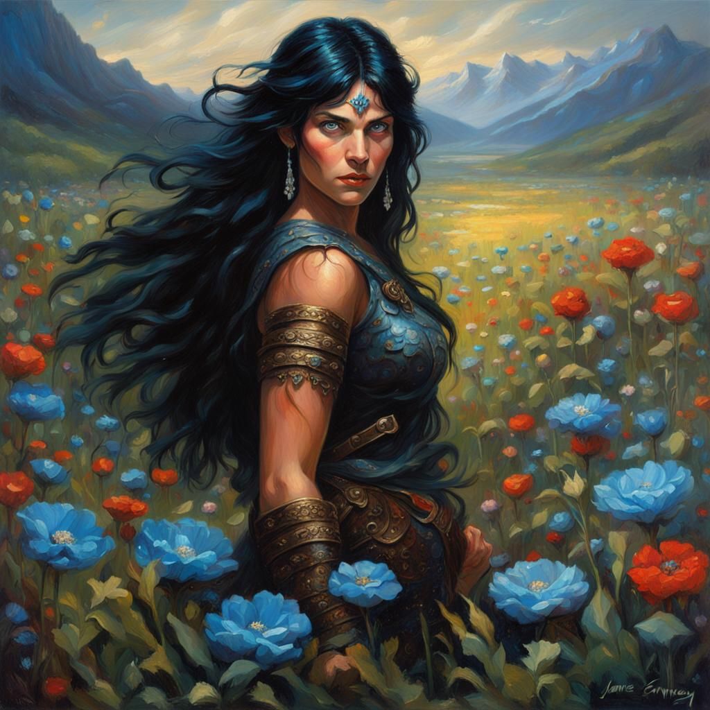 A fierce female barbarian with flowing black hair and piercing blue eyes stands in a beautiful flower meadow. Night time...
