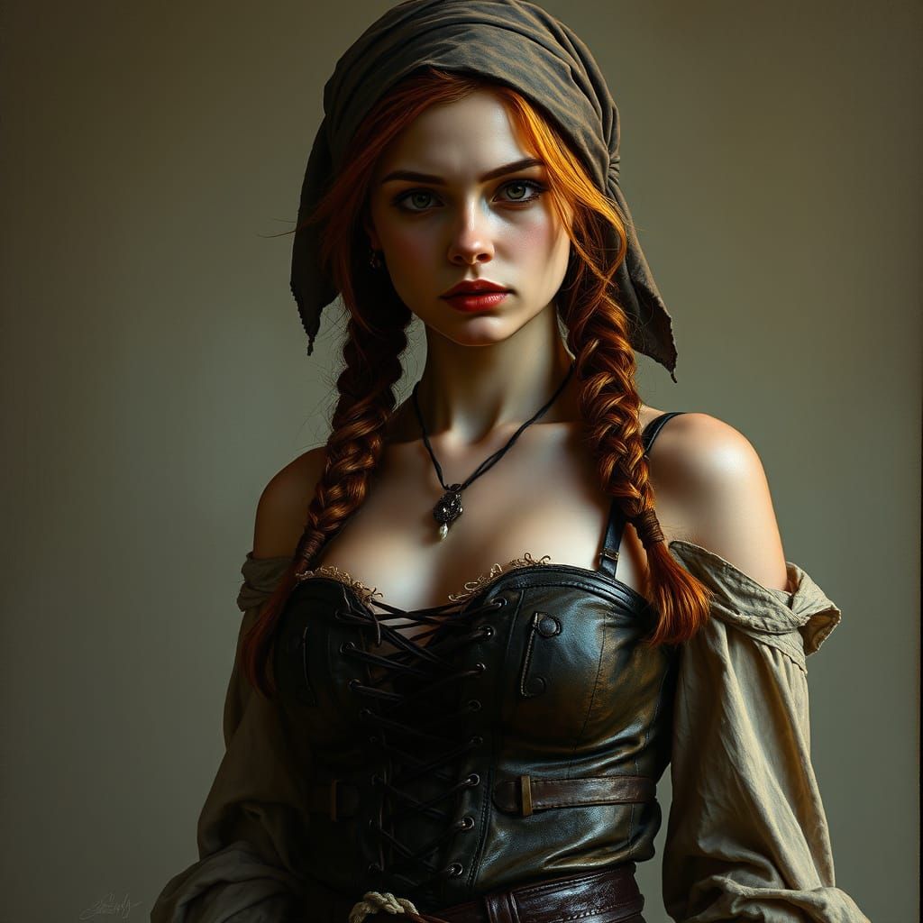 Dark Fantasy Oil Painting of Woman in Laced Bodice