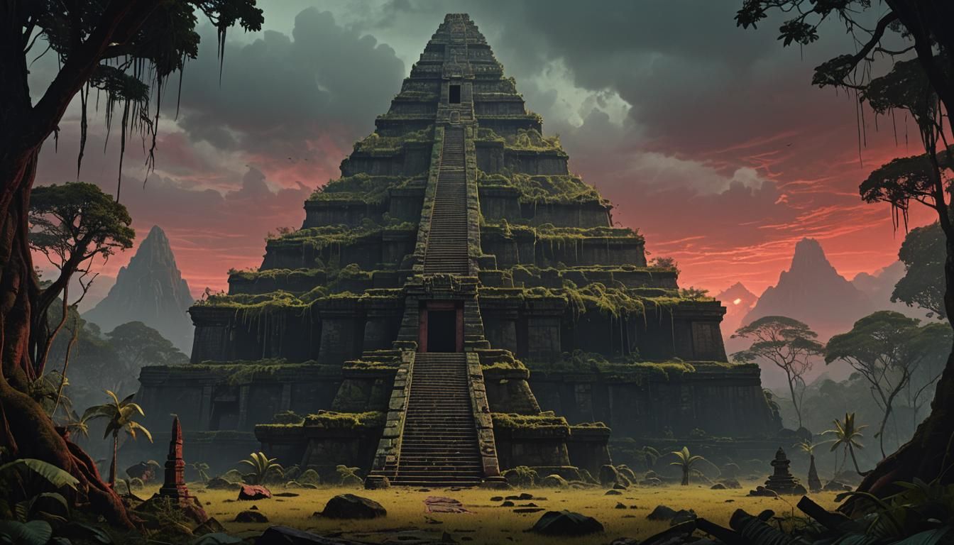 Ancient Mesoamerican Temple in Dark Tropical Jungle