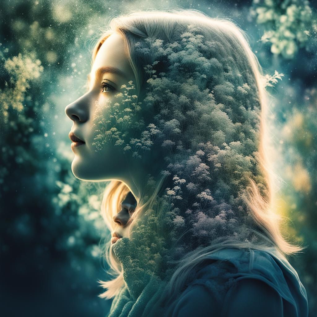 Girl Double Exposure Portrait in Garden Light