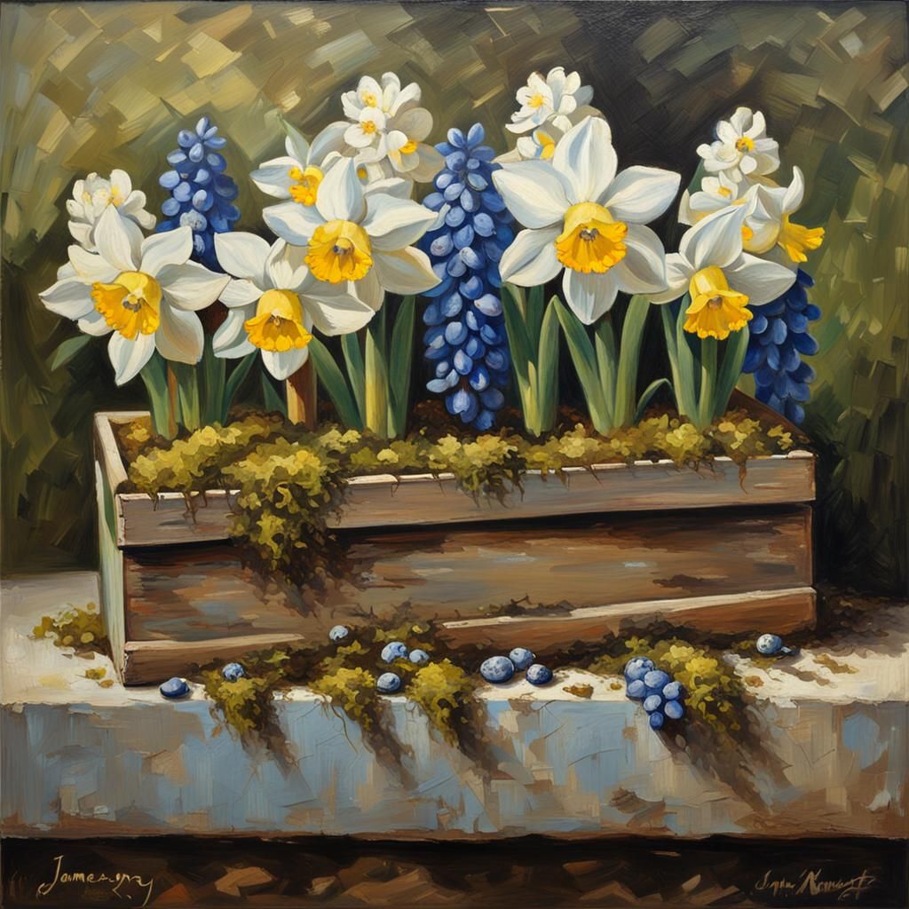 Floral Abundance in Weathered Planter, as Oil Painting