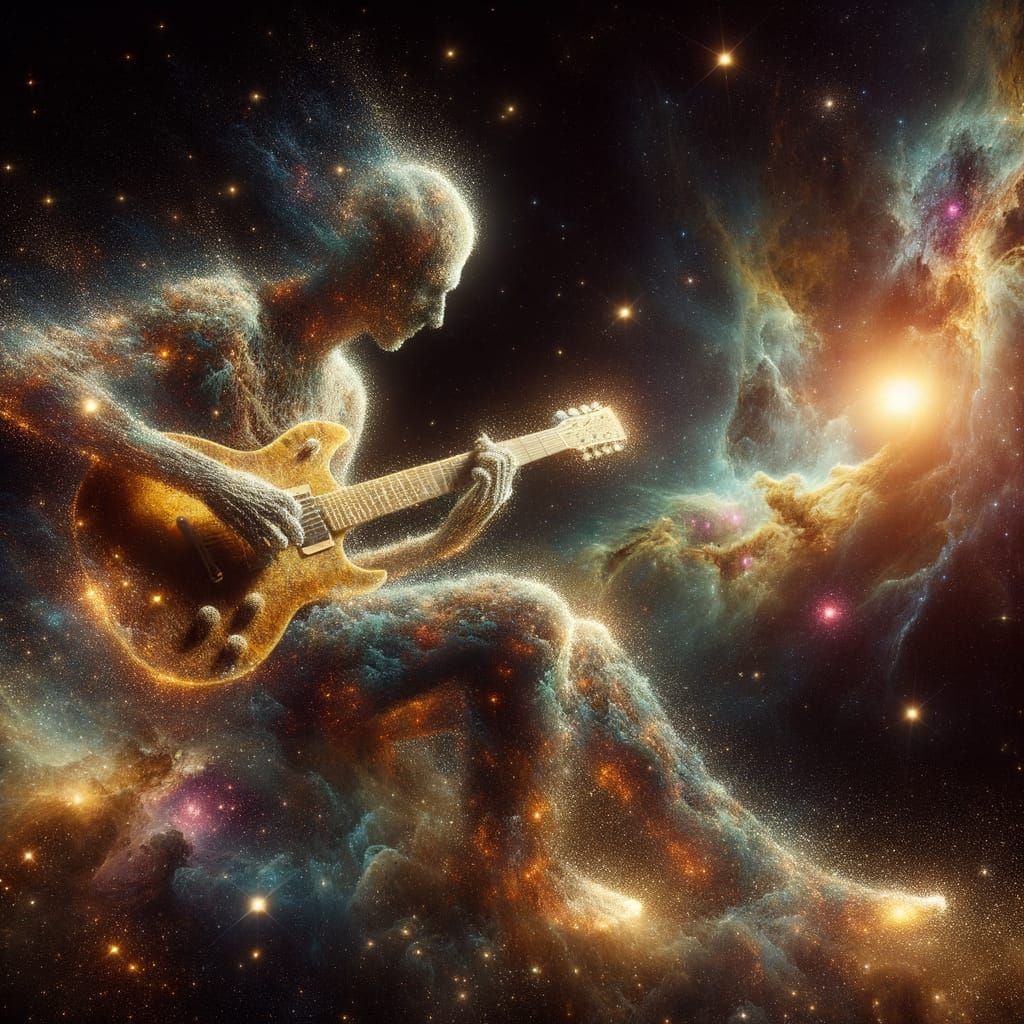 Cosmic Guitarist Made of Stardust in Nebula