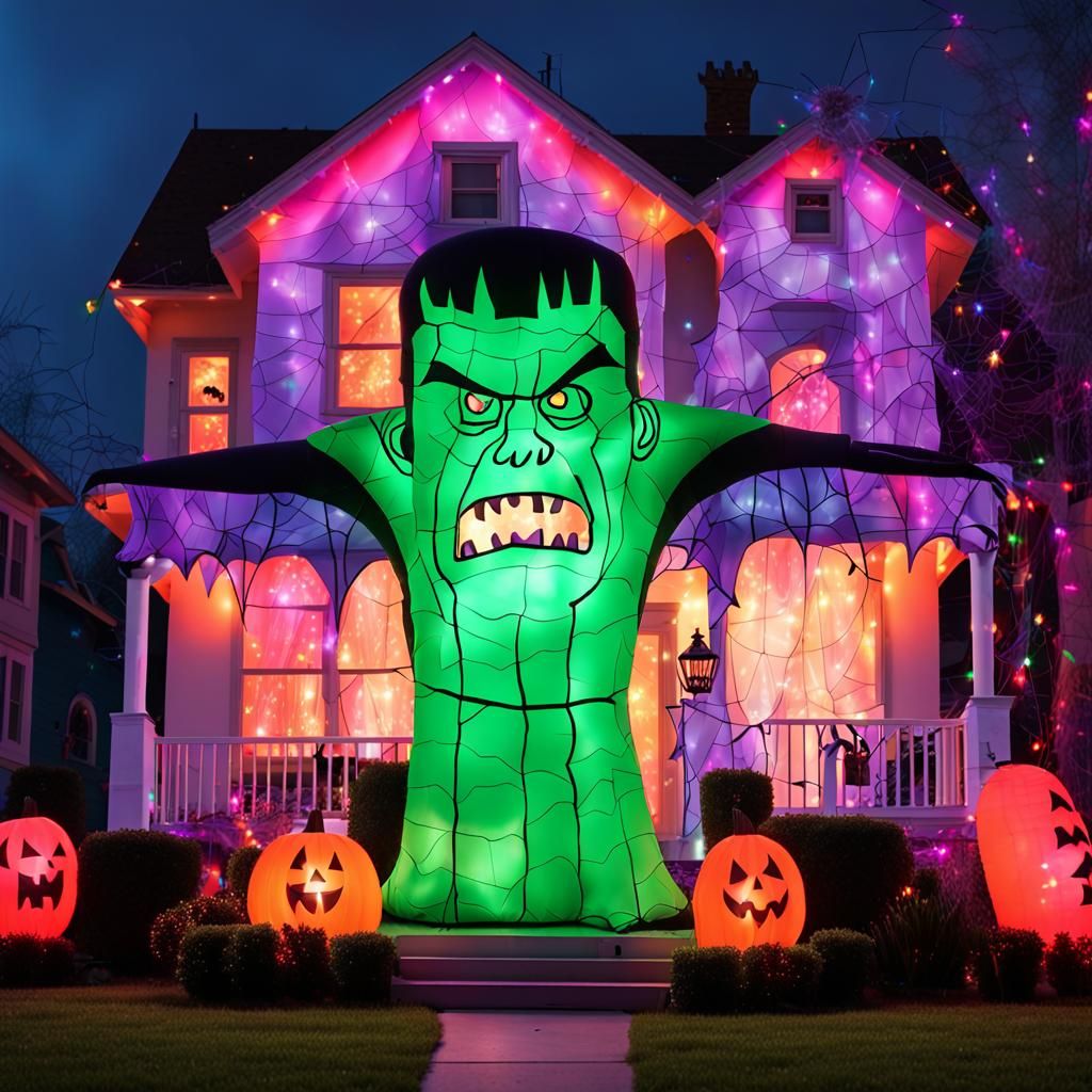 A neighborhood house with a big Frankenstein inflatable stan...