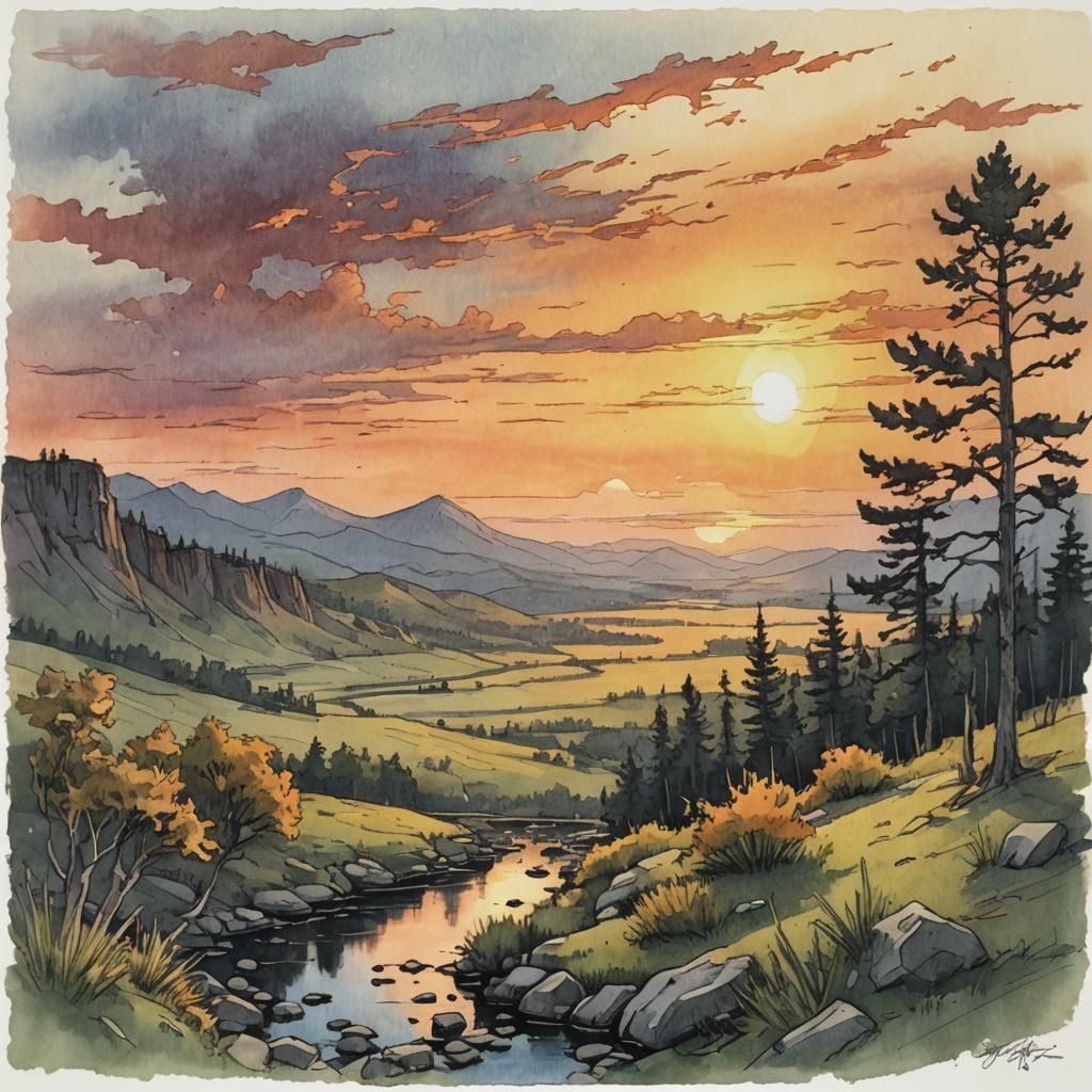 Pallas Cat at Sunset: Colorwash Sketch