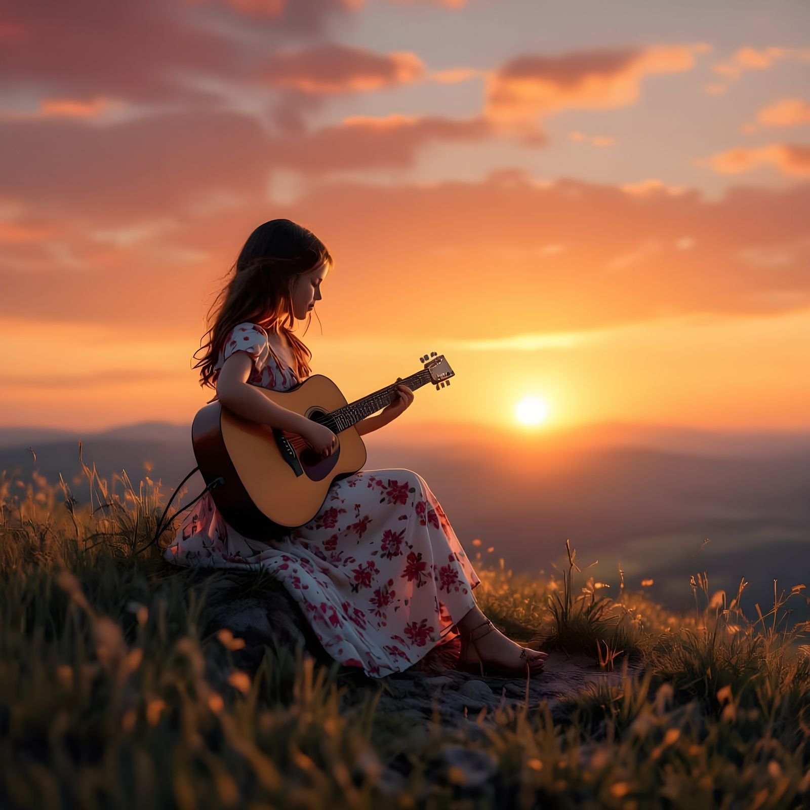 Girl Plays Guitar at Abyss Edge During Red Sunset