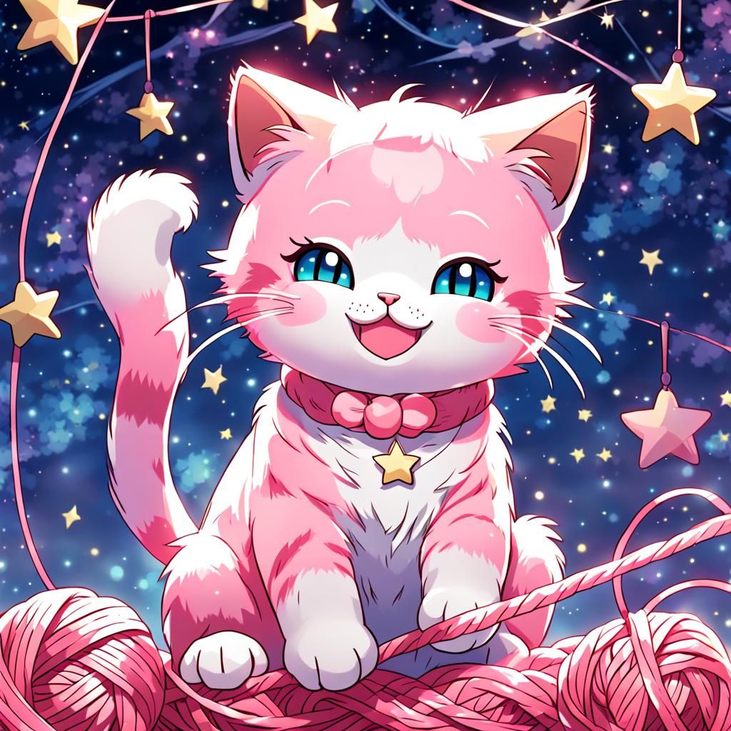 Smiling Pink Cat with Yarn in Anime Style