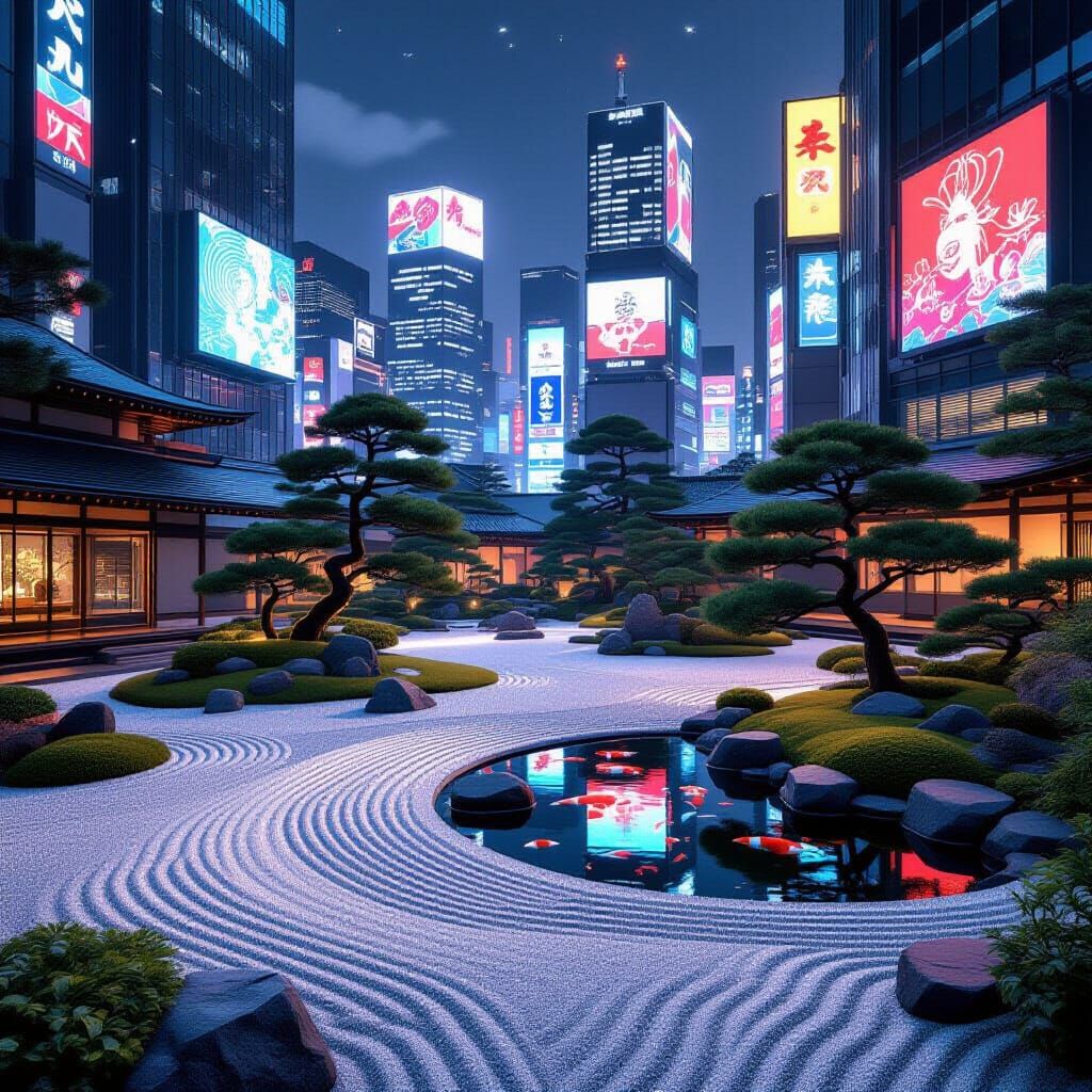 Zen Garden in Futuristic Megacity, Cyberpunk Elements