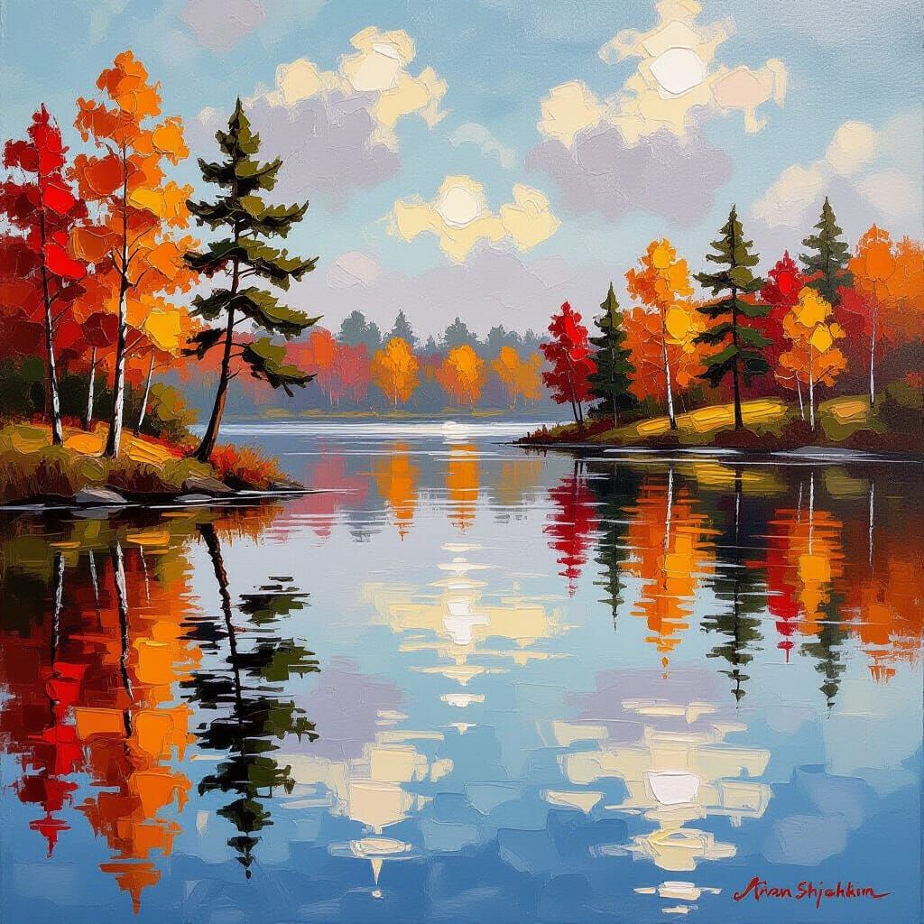Autumn Lake Reflection in Glossy Oil Painting Style