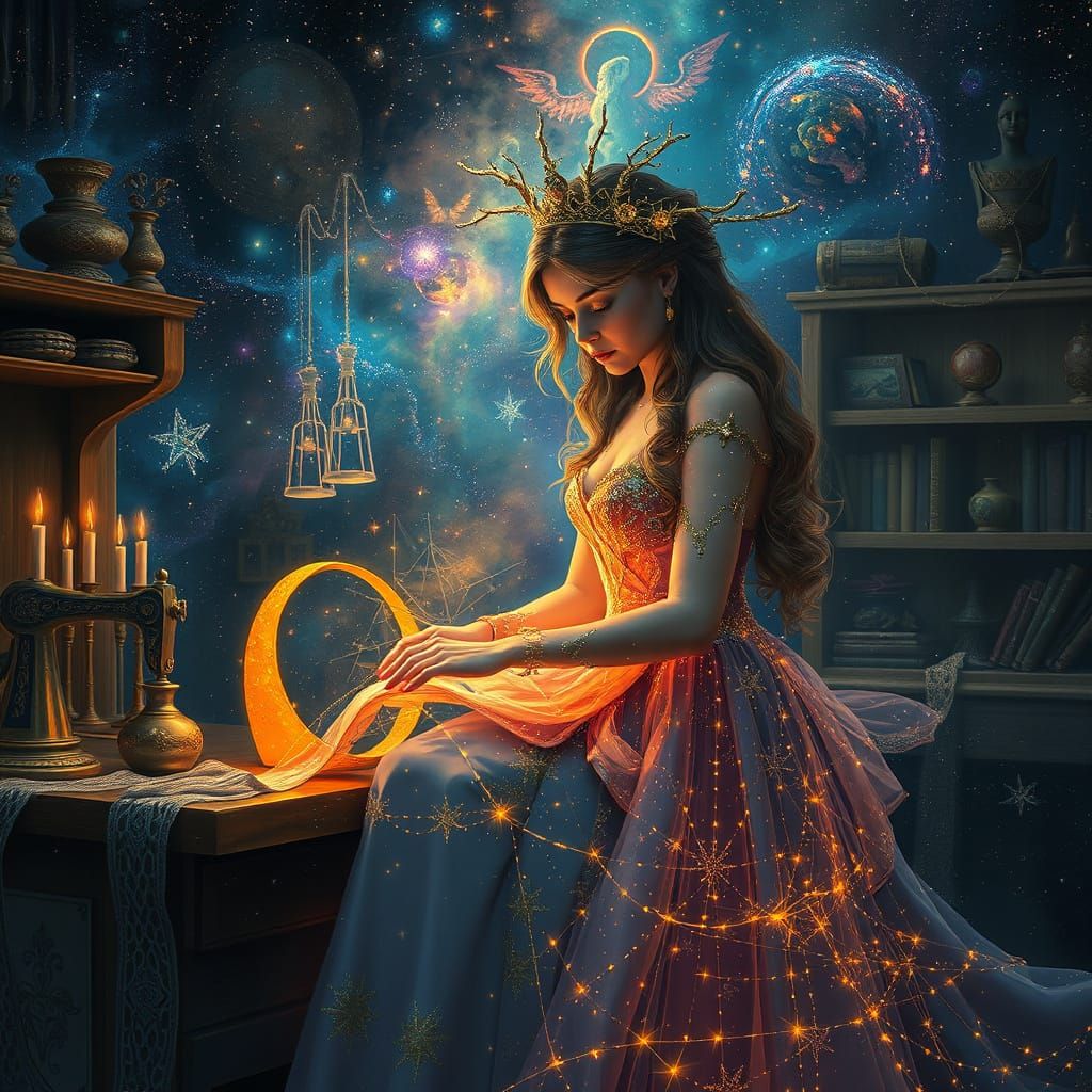 Celestial Seamstress Weaving Starlight Gowns, Art Nouveau St...