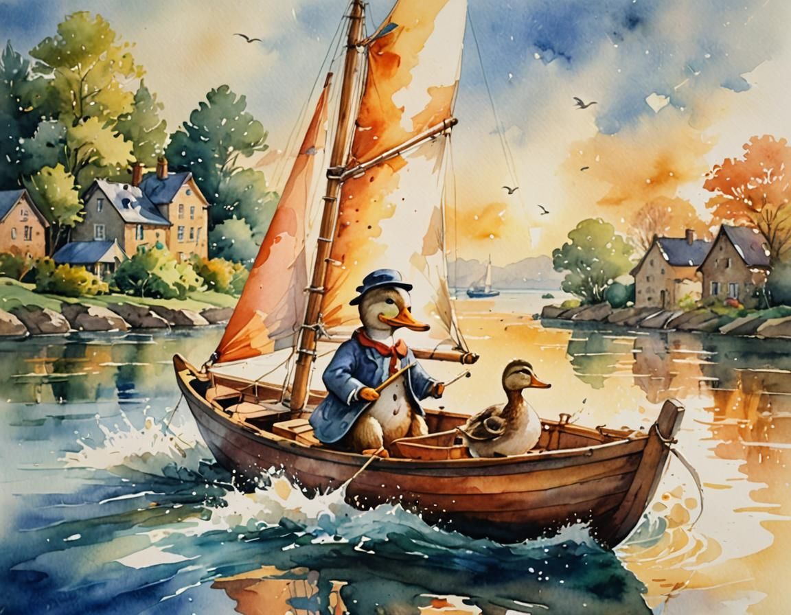 Duck Sailing a Boat as Watercolor Painting