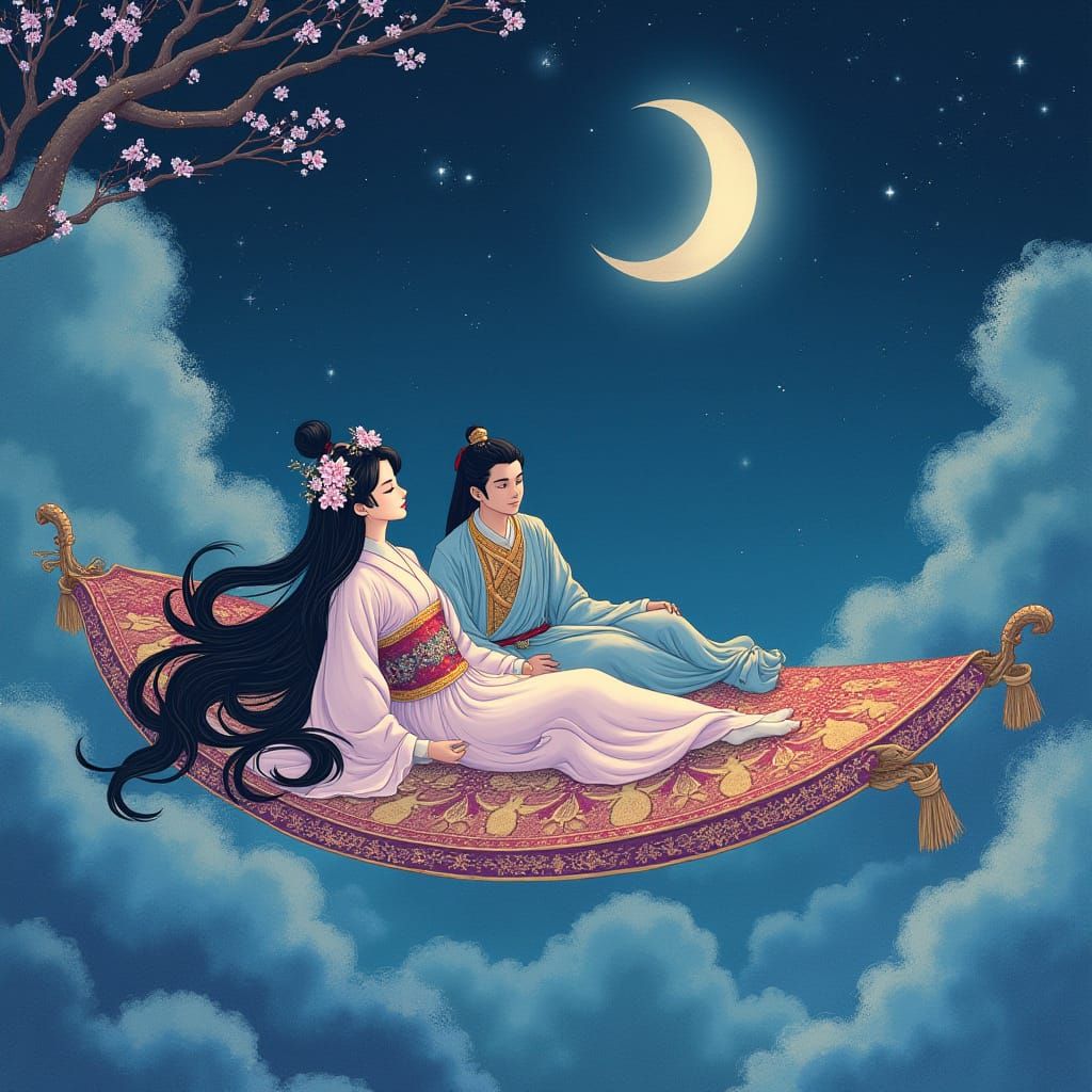 Japanese Princess and Prince on Magic Carpet in Twilight Sky