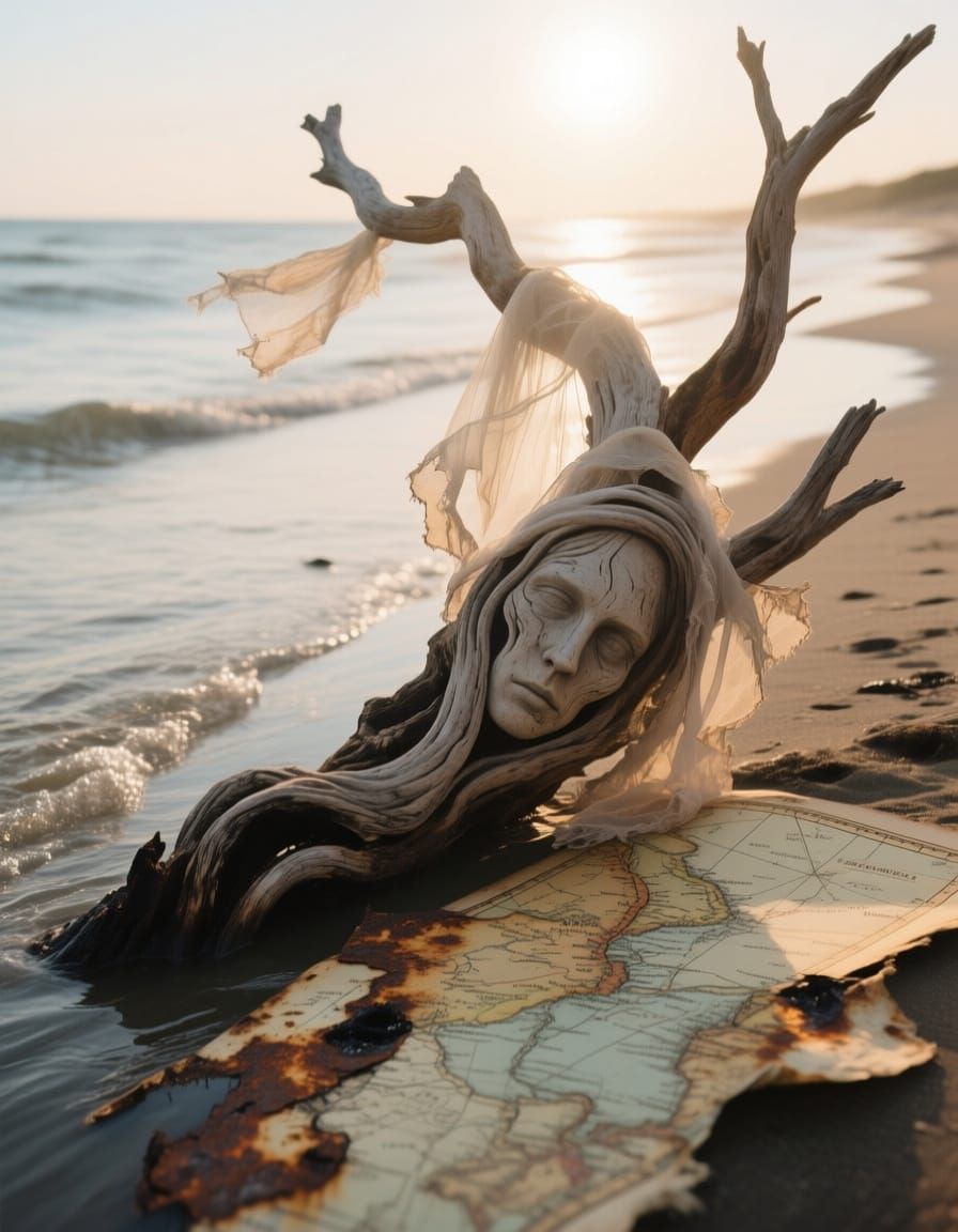 Driftwood Curling Eroded Olde-World Map, Charred and Rusty