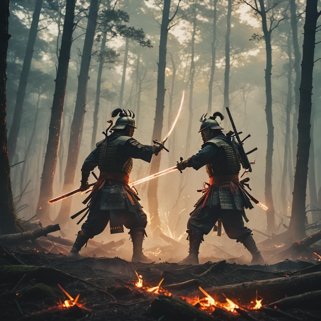 Warriors Clash Katanas in Misty Forest: Cinematic Japanese A...