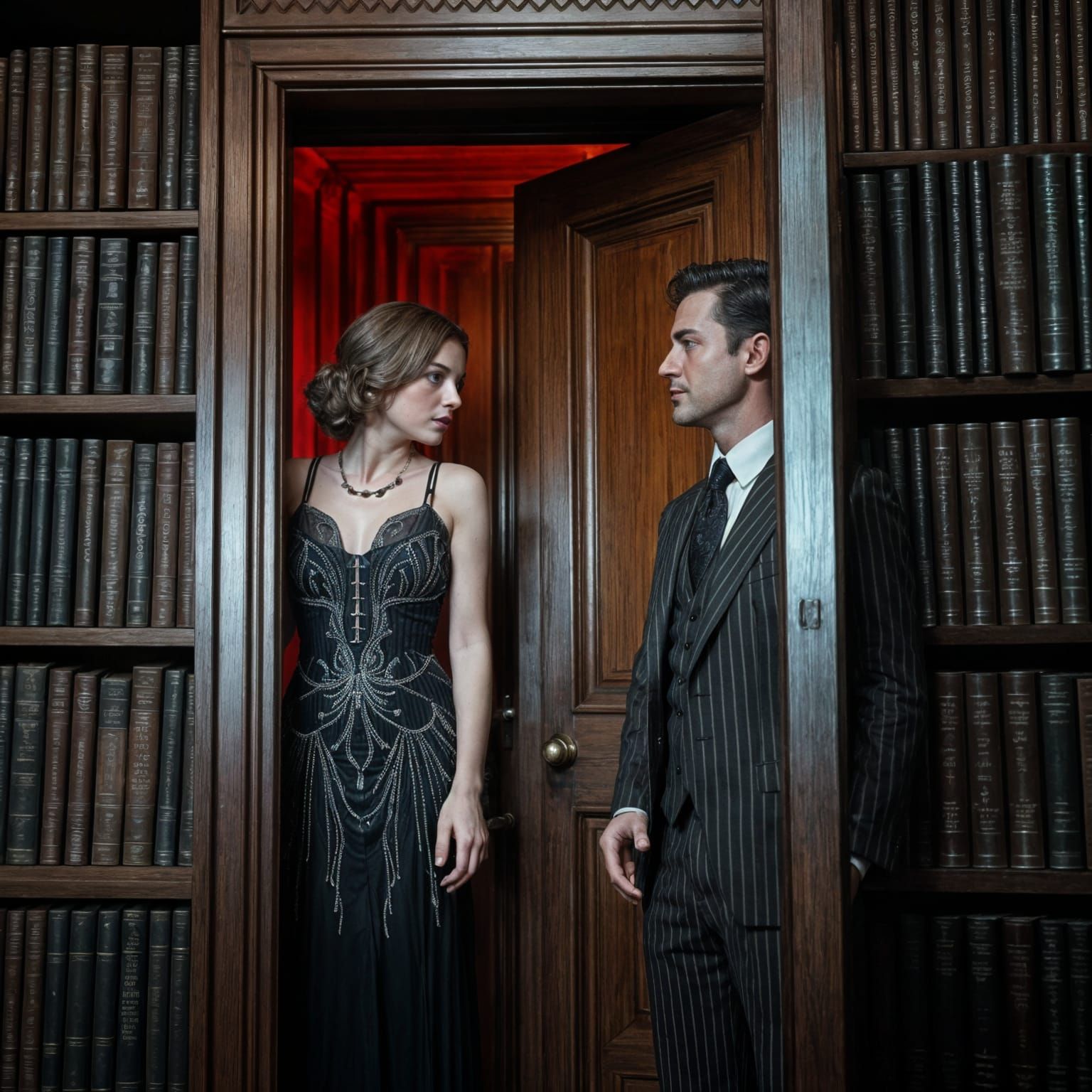 Secret Speakeasy Entrance in Grand Library, Cinematic Style