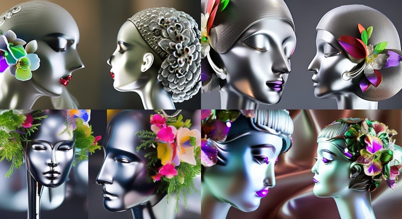 Android Head with Metal Flowers: Uncanny Valley Portrait
