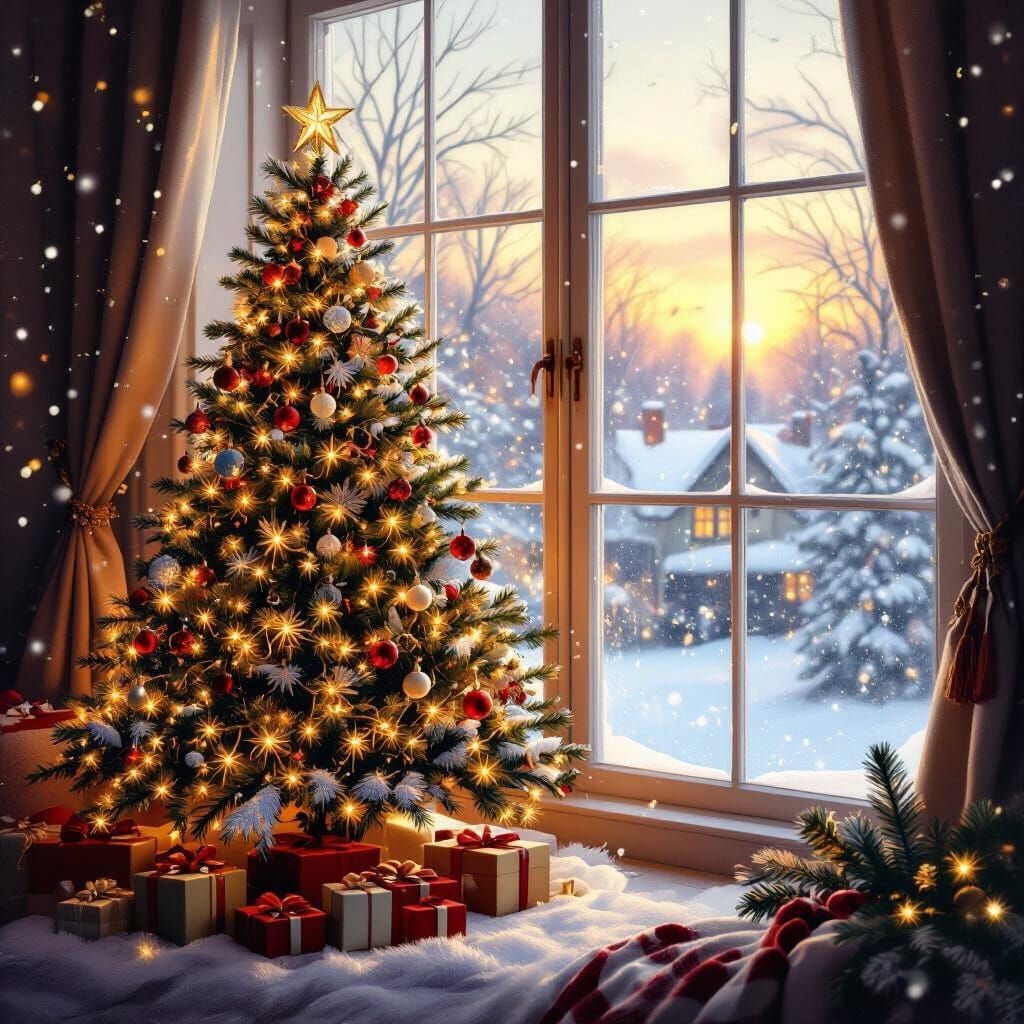 Cozy Christmas Tree by Window in Golden Hour Light