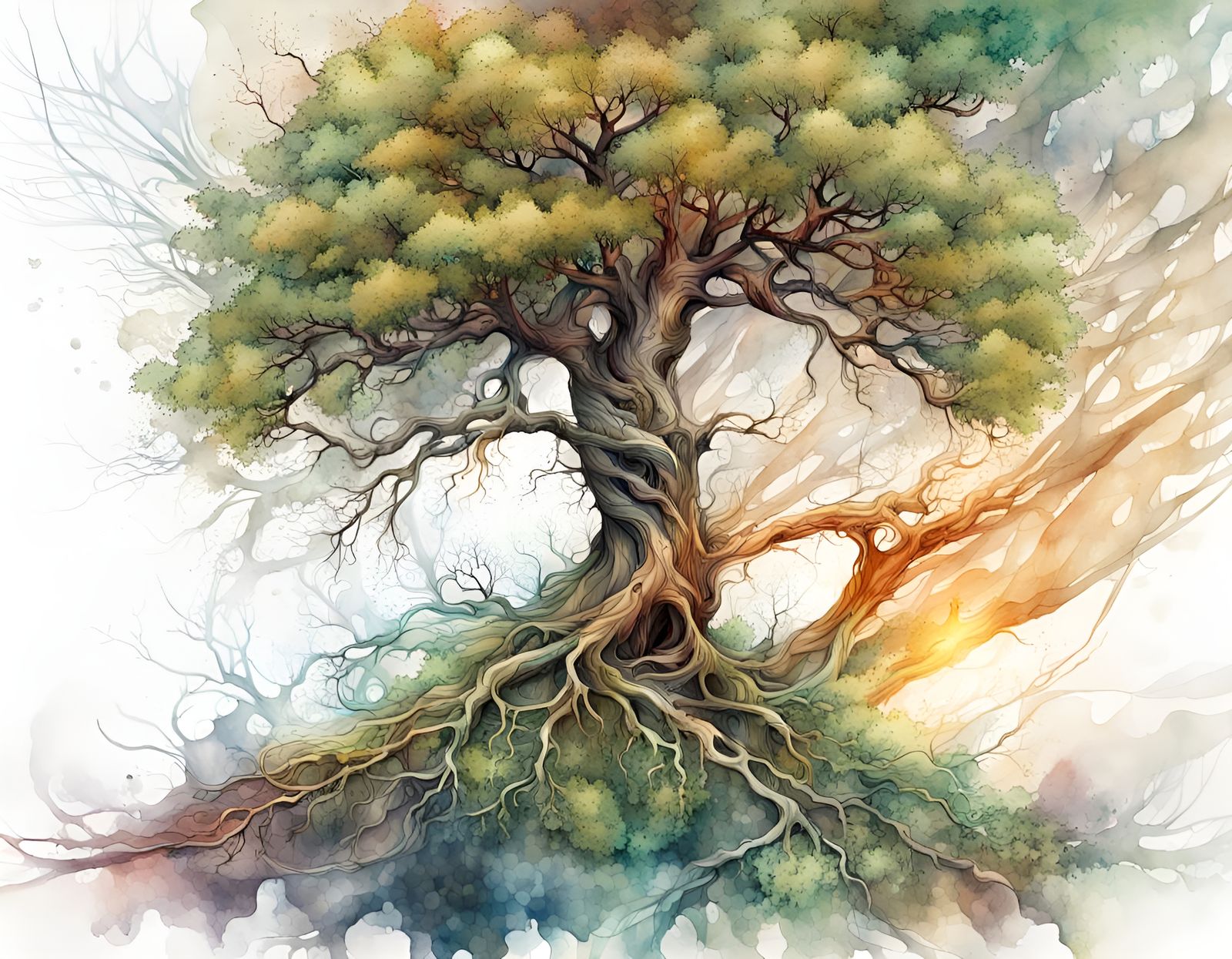 Tree Disintegrating into Spring: Stylized Watercolor Illustr...