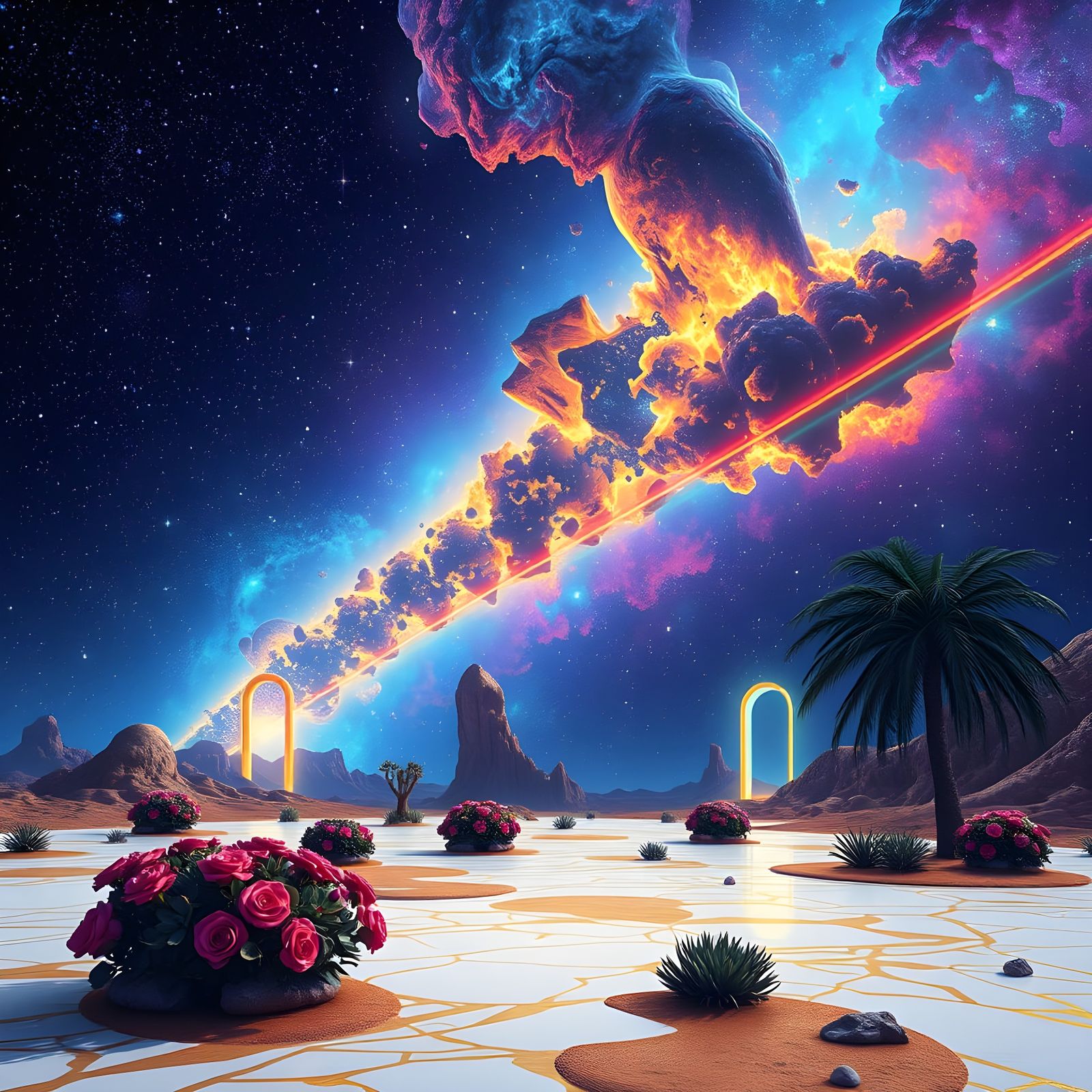 Cosmic Desert: Neon Portals in Deep Galactic Space