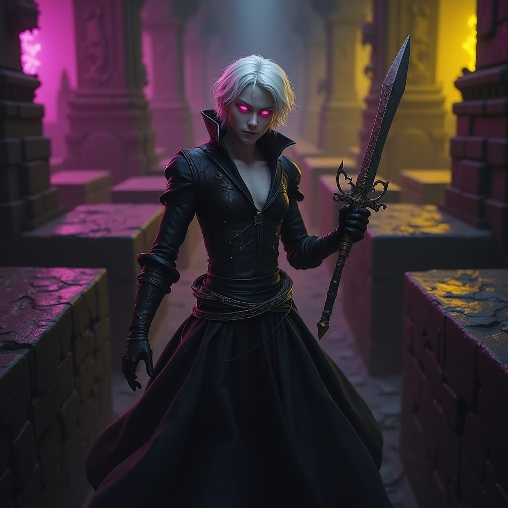 Albino Man in Skirted Outfit Lost in City Maze with Dagger