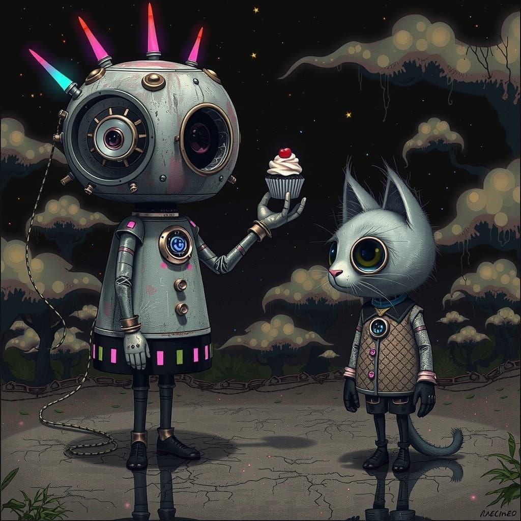 Retro-Futuristic Robot Offers Cupcake to Enigmatic Feline in...